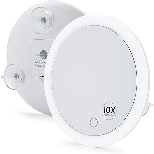 Mavoro 6.8" LED Magnifying Mirror with 3 Strong Suction Cups | 10X Magnification | Portable Lighted Travel Makeup & Cosmetic Mirror with Light (4 AAA