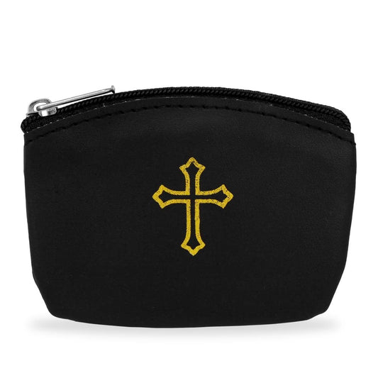 Black Rosary Pouch With Zipper And Gold Cross Imprint - Perfect For Easter, Lent, Religious Events Stylish Case Men Women To Keep Beads Safe