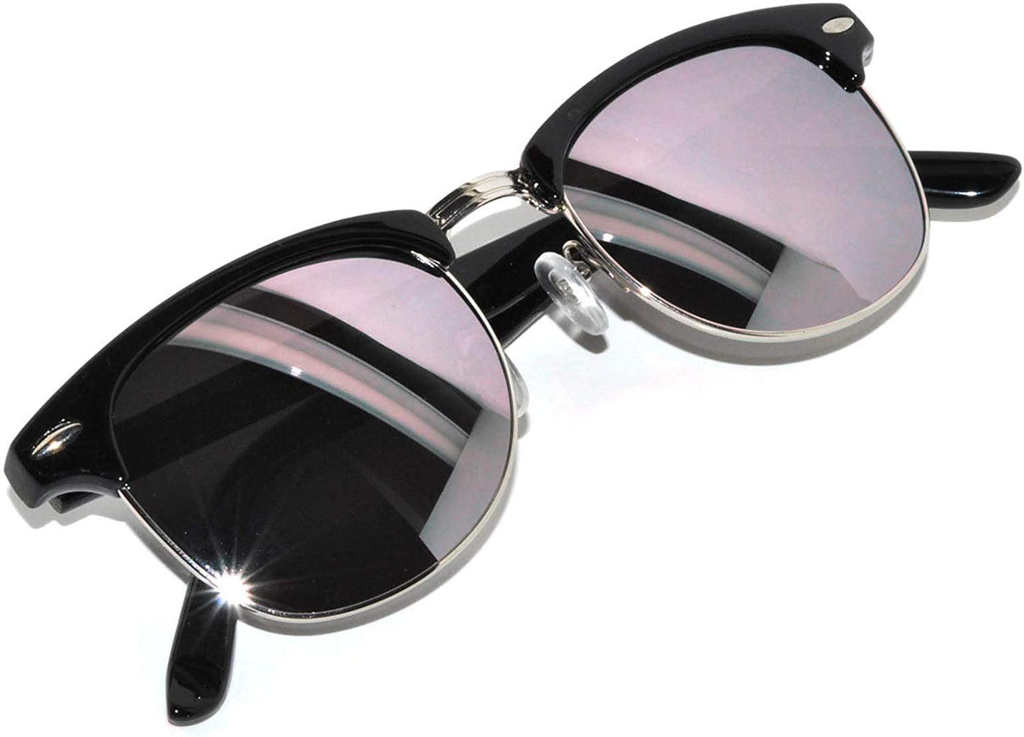 Half Frame Sunglasses Black Silver Metal Frame Silver Mirror Lens