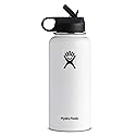 Hydro Flask Vacuum Insulated Stainless Steel Water Bottle Wide Mouth with Straw Lid (White, 32-Ounce)