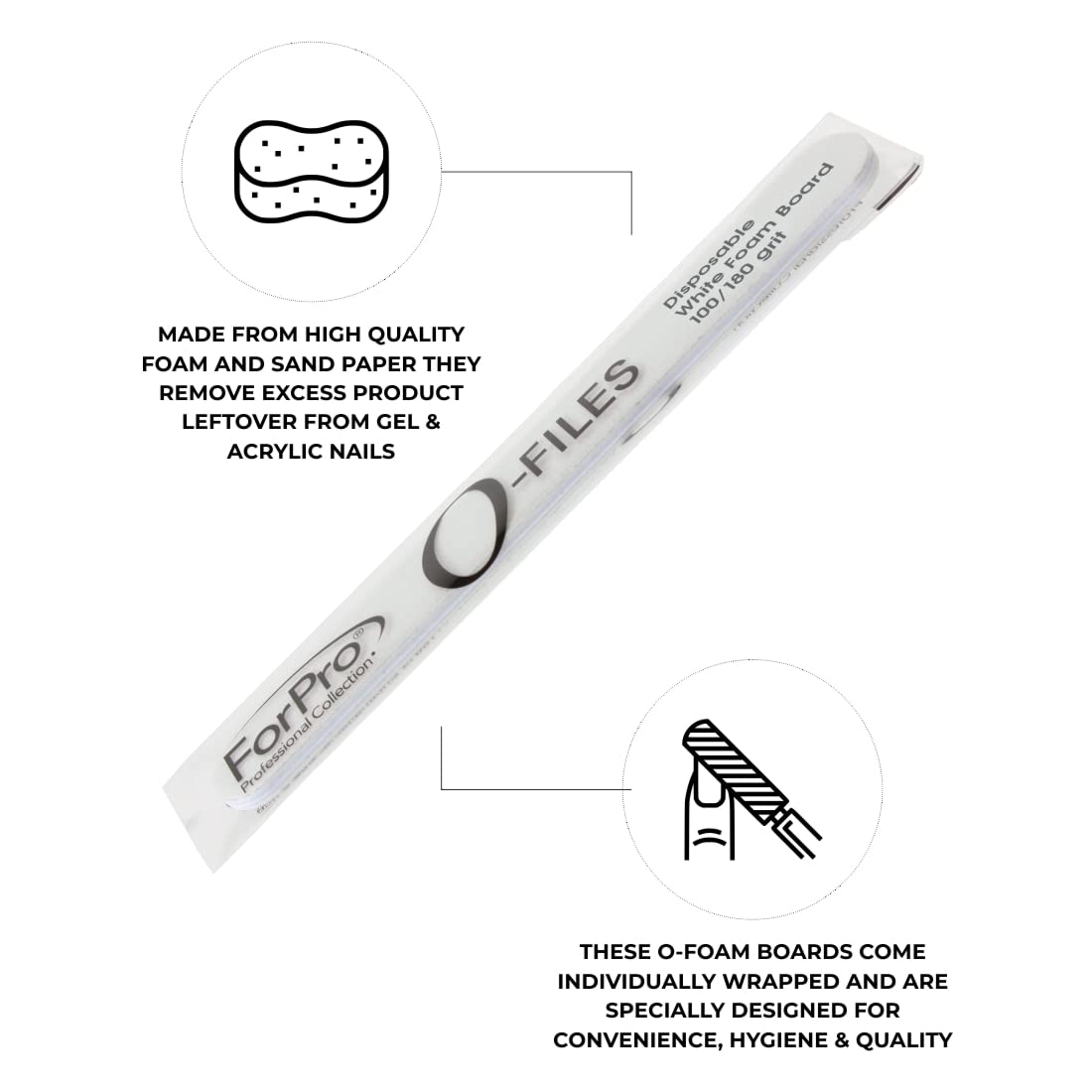 ForPro Professional Collection O-Files Foam Board, Double-Sided Manicure Nail File, 100/180 Grit, Individually-Wrapped, 6" L x .75" W, White