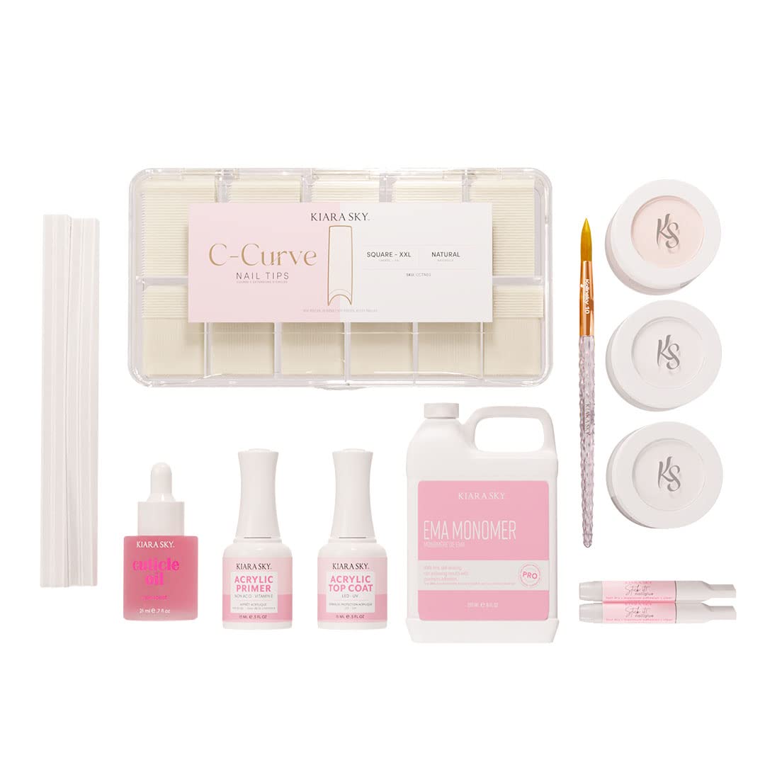 Kiara Sky 14 Piece Acrylic Nail Starter Kit (Includes EMA Monomer, Top Coat, Primer)