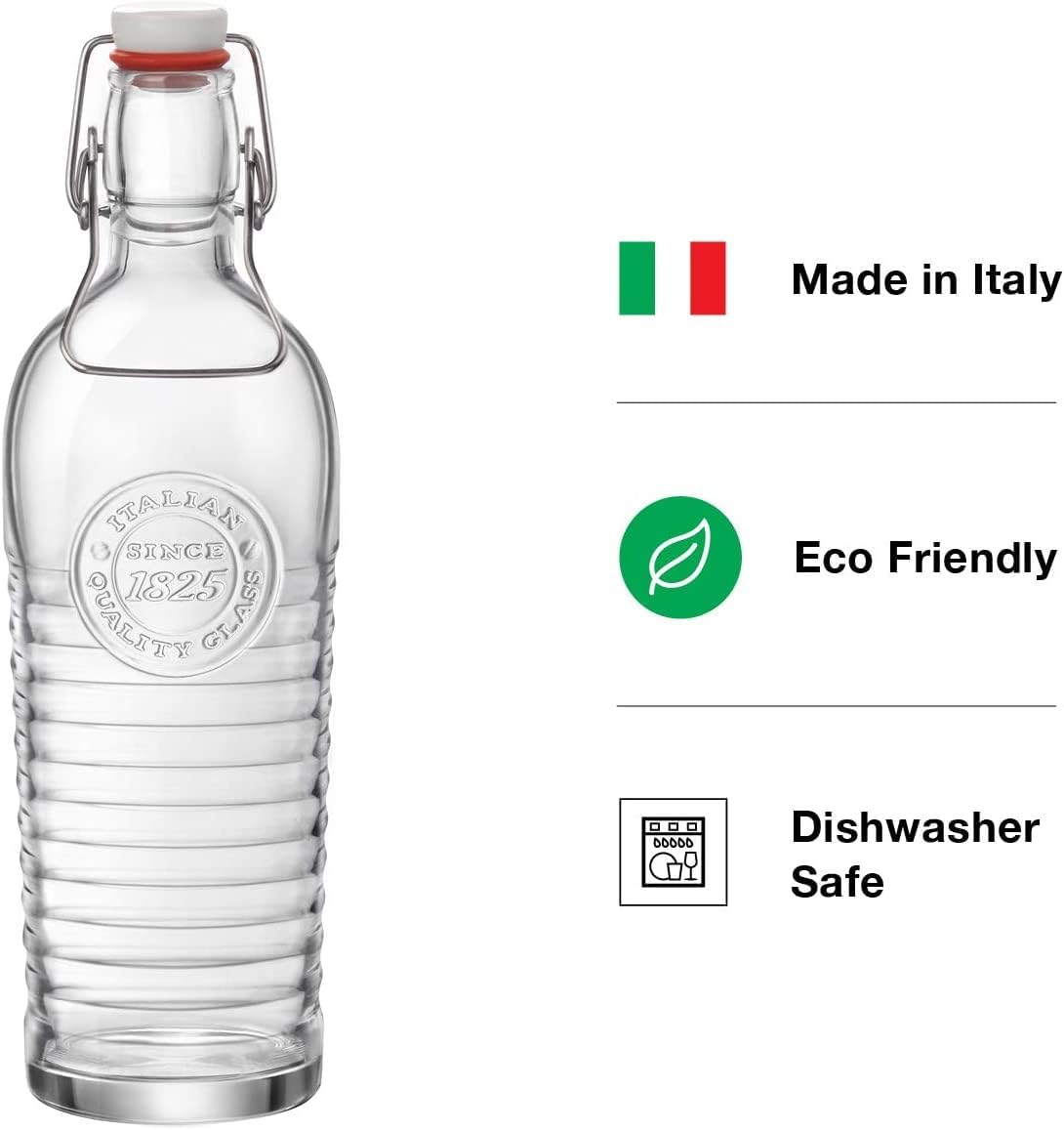 Bormioli Rocco Officina Water Bottle | 37.25 oz, Italian Glass Pitcher | Airtight Seal & Metal Clamp | Easy To Carry Handle, Dishwasher Safe