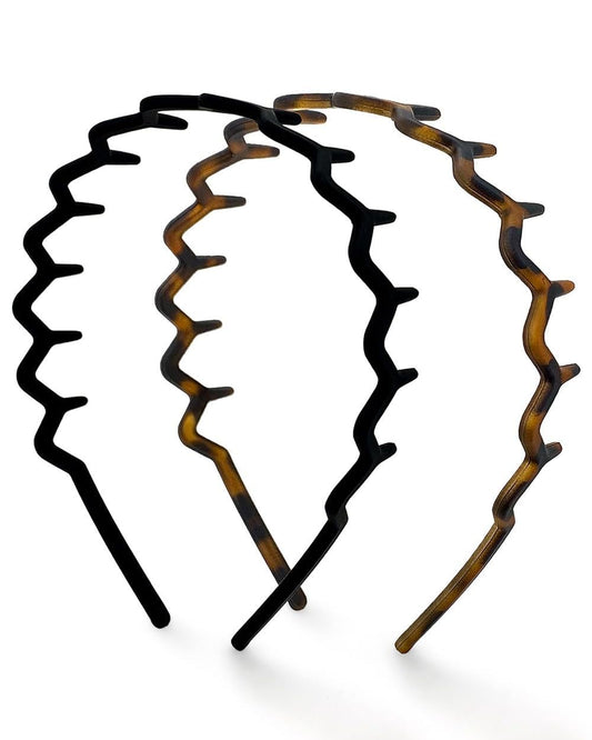 Kitsch Zig Zag Headbands, Recycled Plastic Wavy Hair Band with Teeth, Headbands for Women and Men, Classic 90s Hair Accessories, 2pcs (Black and Brown)