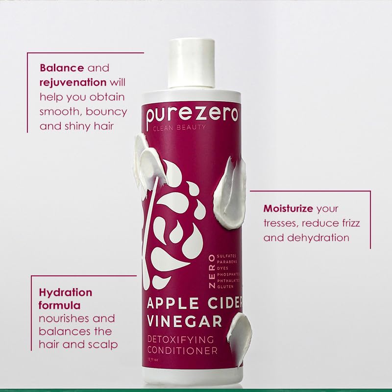 Purezero Apple Cider Vinegar Shampoo & Conditioner Set - Detox Scalp & Hair - pH balanced -Increase Hydration - Zero Sulfates, Parabens, Dyes - 100%