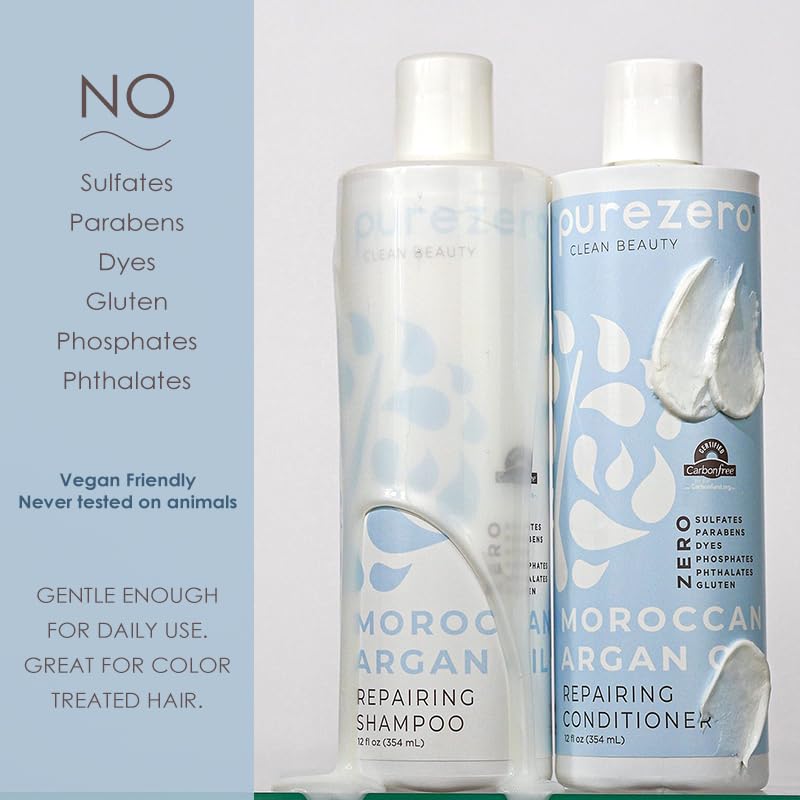 Purezero Moroccan Argan Oil Shampoo & Conditioner set - Repair Damaged Hair - Fight Dandruff & Frizz - Zero Sulfates, Parabens, Dyes, Gluten - 100%