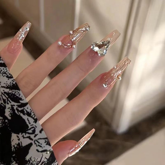 Spice Girl popular wearing a long ice transparent love diamond nail patch nail nail nail nail film (Brown, Medium) Beauty & Personal Care Shi Man