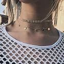 DoubleNine Disc Choker Gold Sequins Coin Bohemian Necklace Layered Delicate Collar for Women Bride Girls