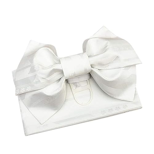 Japanese Traditional Pre-Tied OBI Belt Sakura Jacquard Weave Bow Tsukuri OBI Kimono Sash Yukata Robe Accessories (White)