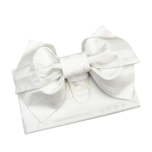 Japanese Traditional Pre-Tied OBI Belt Sakura Jacquard Weave Bow Tsukuri OBI Kimono Sash Yukata Robe Accessories (White)