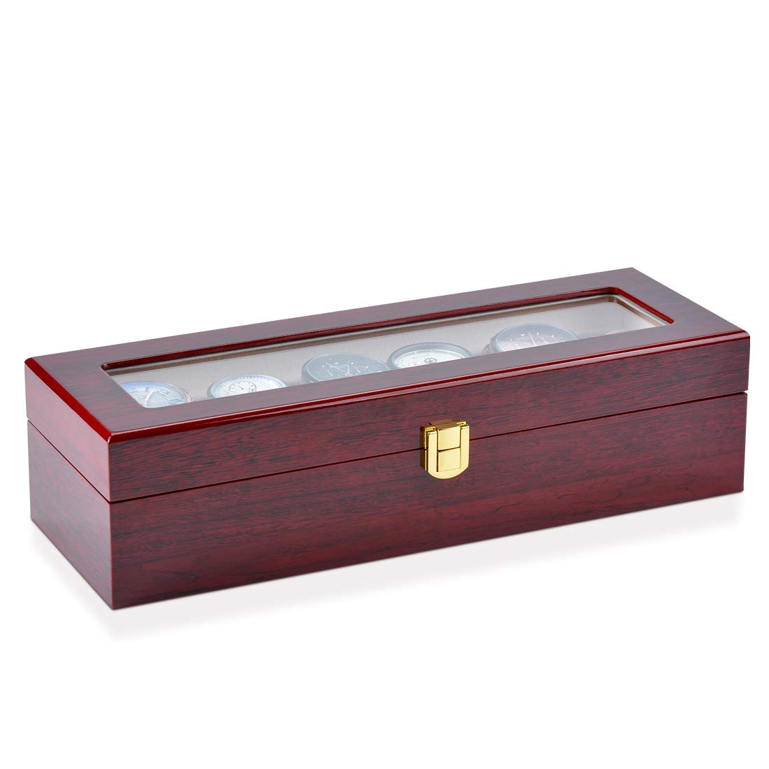 Karamanda 6 Wide Slots Wooden Paint Watch Box, Cherry-red Watch Storage Organizer with Glass Top and Locking Clasp for Women Men's Christmas Gift