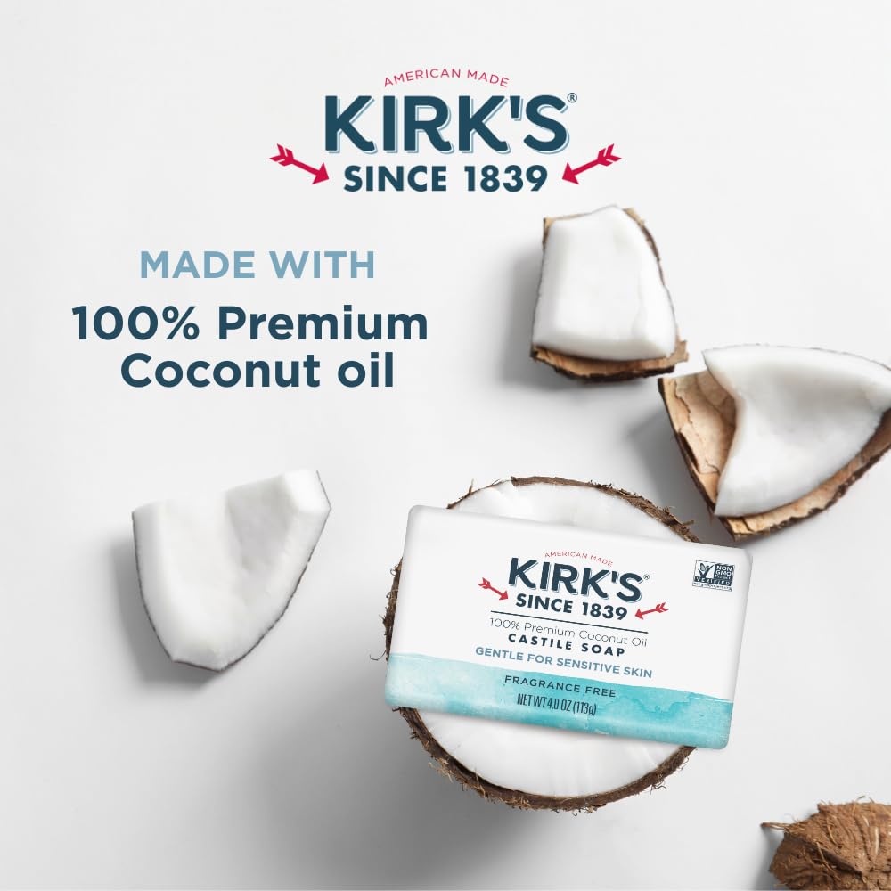 Kirk's Castile Bar Soap for Men, Women & Children - Made with Premium Coconut Oil, Sensitive Skin Formula, Vegan, Non GMO, Fragrance Free, 4 oz. Bars