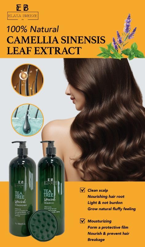 Peppermint Tea Tree Special Shampoo and Conditioner Set (33.8 0z)- Elata de Breeze with Scalp Massager Brush | Soothes Itchy Scalp, Deep Cleans