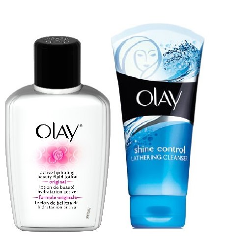 Olay Active Hydrating Beauty Fluid Lotion, 6 Fl Oz with Bonus Olay Shine Control Lathering Cleanser 5 Oz