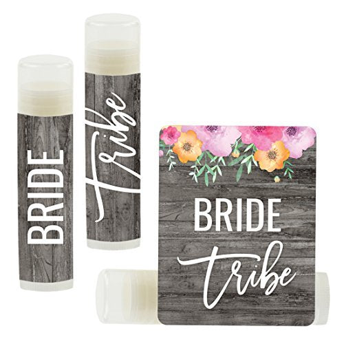 Andaz Press Bridal Shower Bachelorette Party Lip Balm Party Favors, Florals On Gray Rustic Wood, Bride Tribe, Bridesmaid Lip Gloss 12-Pack Lip Balm