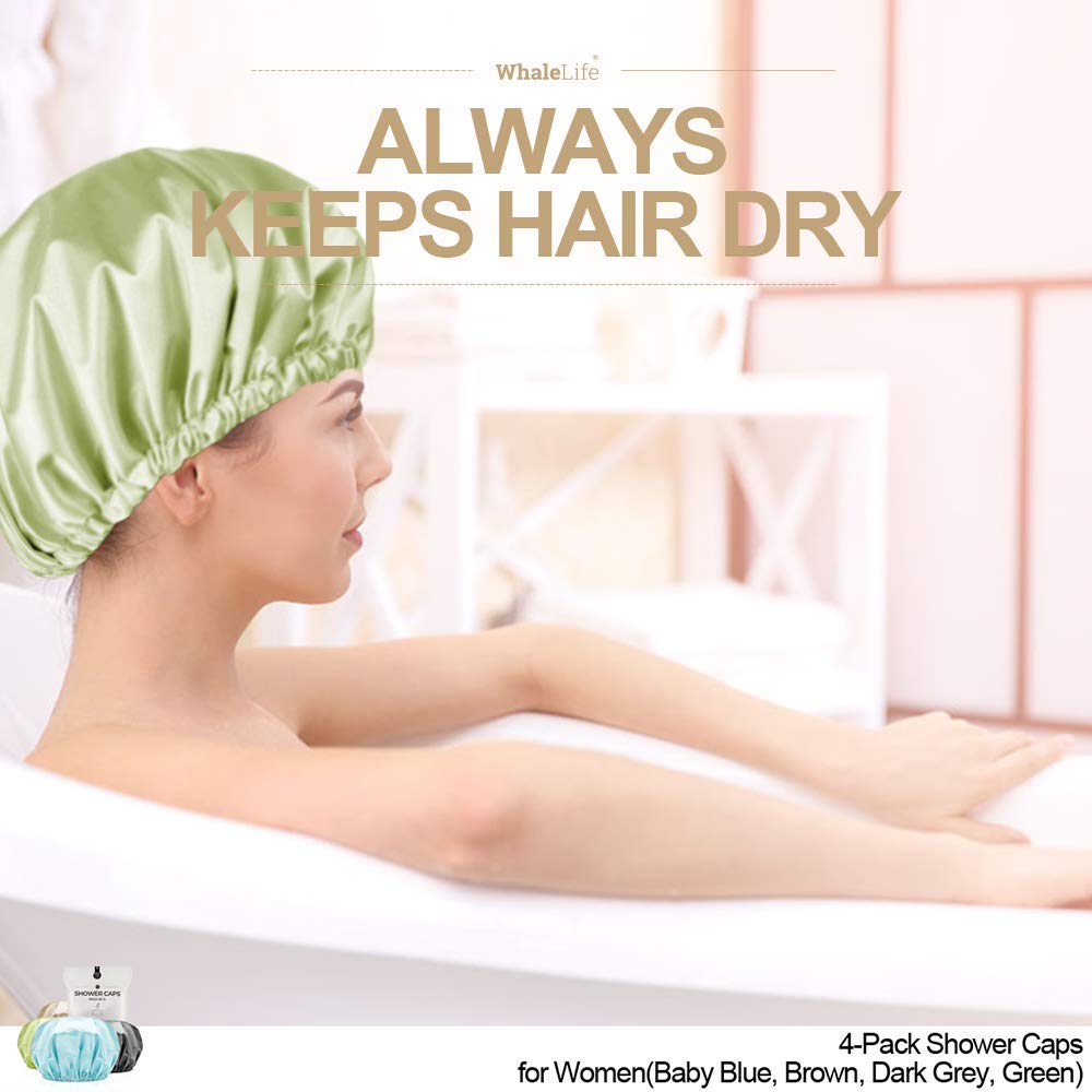 Shower Cap for Women Reusable Extra Large Shower Caps for Men Satin Double Layer EVA Waterproof Long Hair Caps(Baby Blue, Brown, Dark Grey, Green 4