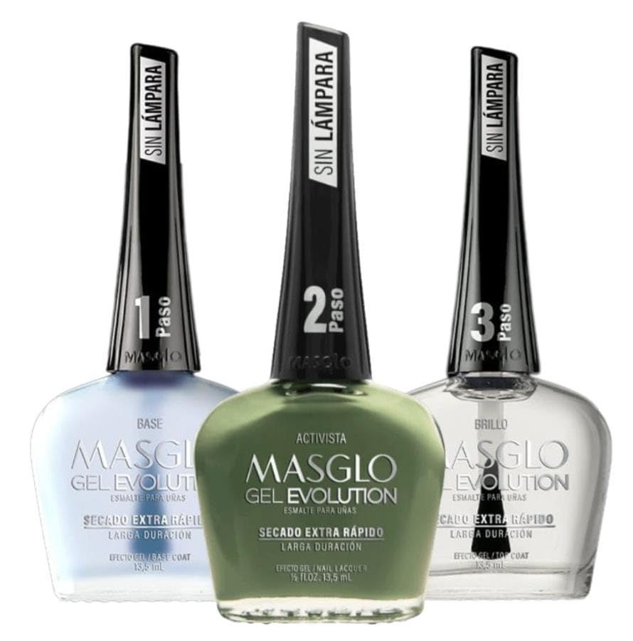 MASGLO GEL EVOLUTION Nail Polish Gel Effect, No UV/Led Lamp, Duration Up to 12 days, 3 PCs -Base, Esmalte Color, Brillo - Efecto Gel sin necesidad de Beauty & Personal Care MASGLO