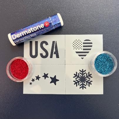 Lips & Face Glitter Kit - Snow/USA Stocking Stuffer - Biodegradbale Glitter - Includes 2 Glitter Colors + Stencil + Skin Balm to Apply - Perfect