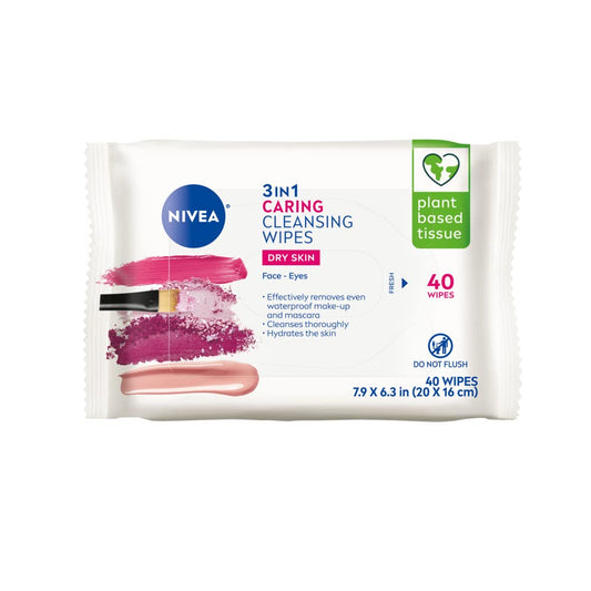 NIVEA 3in1 Caring Cleansing Wipes for Face and Eyes, Effective as a Waterproof Makeup Remover, Gentle Facial Cleanser for Dry and Sensitive Skin, 40