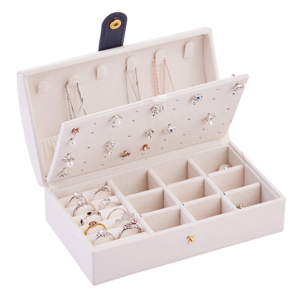 Fullgaden Jewelry Box,Necklace Ring Storage Organizer Double Layer Travel Synthetic Leather Jewel Cabinet Gift Case for Women, White