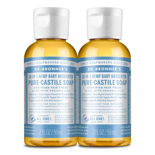 Dr. Bronner's - Pure-Castile Liquid Soap (Baby Unscented, 2 ounce, 2-Pack) - Made with Organic Oils, 18-in-1 Uses: Face, Body, Hair, Laundry, Pets
