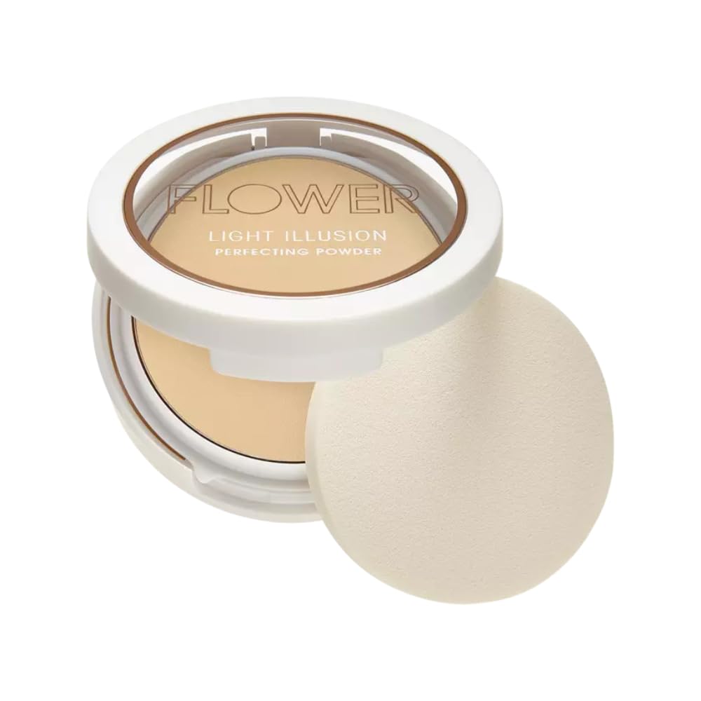 FLOWER Beauty By Drew Barrymore Light Illusion Perfecting Powder - Powder Foundation + Setting Powder for Makeup - Medium Buildable Coverage - Natural
