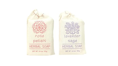 Greenwich Bay Trading Set of 2 Herbal Soaps Lavender Sage and Rose Petal - 6.4 Oz Bars Wrapped in Drawstring Cloth Sacks-Enriched with Shea Butter