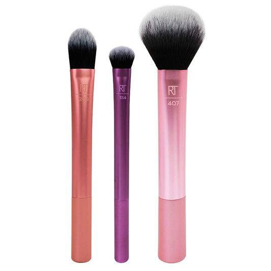 Real Techniques Travel Essentials Makeup Brush Kit, Makeup Brushes, Perfect For On The Go, Multicolored, Vegan Synthetic Makeup Brush Bristles, 4