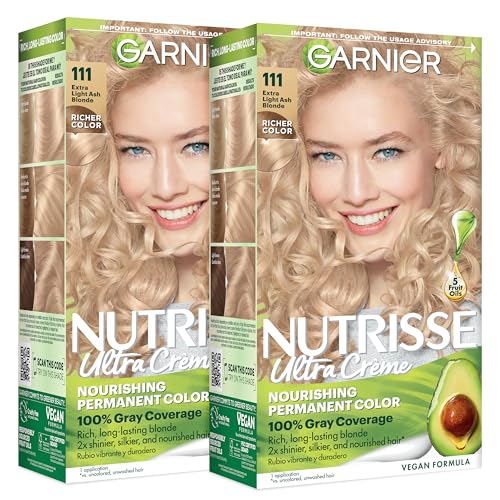 Garnier Nutrisse Ultra Crème Hair Color, Permanent Hair Dye with 100% Gray Coverage, Vegan & Cruelty-Free, 111 Extra-Light Ash Blonde (White