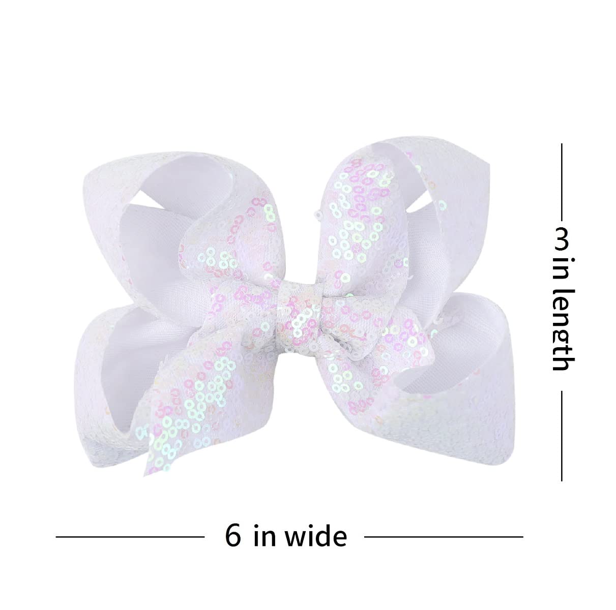 AMYDECOR 6 Inch White Sparkly Glitter Sequin Hair Bows for Girls Toddlers Kids Children Teenage (2PCS)