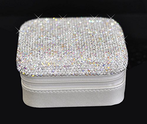 Bestbling Luxury Rhinestone Jewelry Holder Pouch, Travel Portable PU leather Organizer Case w Compartments for Jewelry,Hair Pins (Silver)