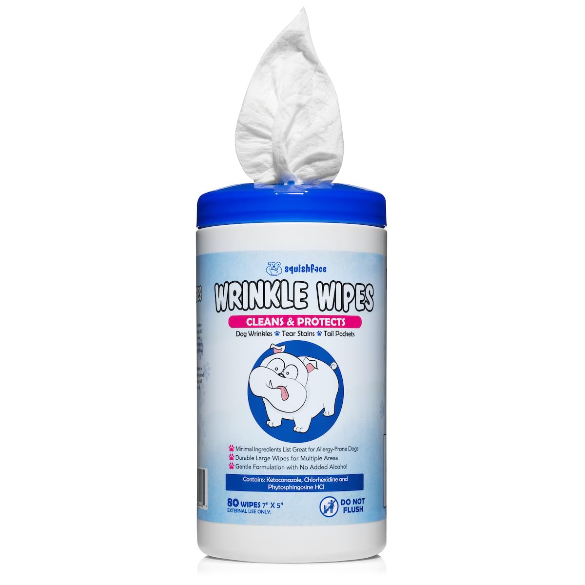 Squishface Wrinkle Wipes 80 Ct – 5"x7" Large Dog Wipes for Tear Stain Removal & Deodorizing – Ideal for Bulldogs, Pugs, Frenchies & More