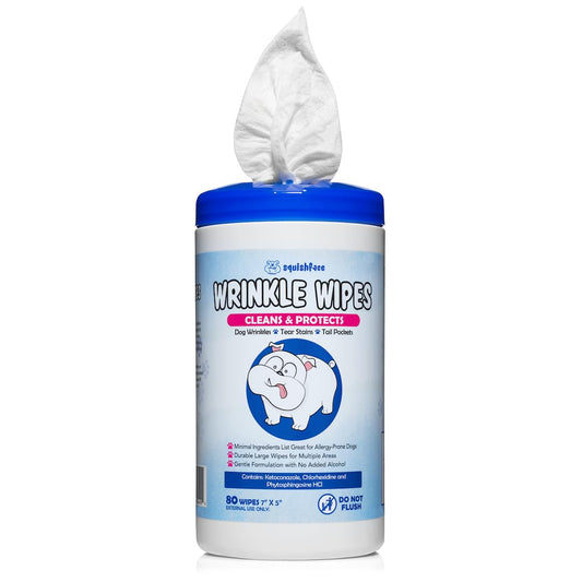 Squishface Wrinkle Wipes 80 Ct – 5"x7" Large Dog Wipes for Tear Stain Removal & Deodorizing – Ideal for Bulldogs, Pugs, Frenchies & More
