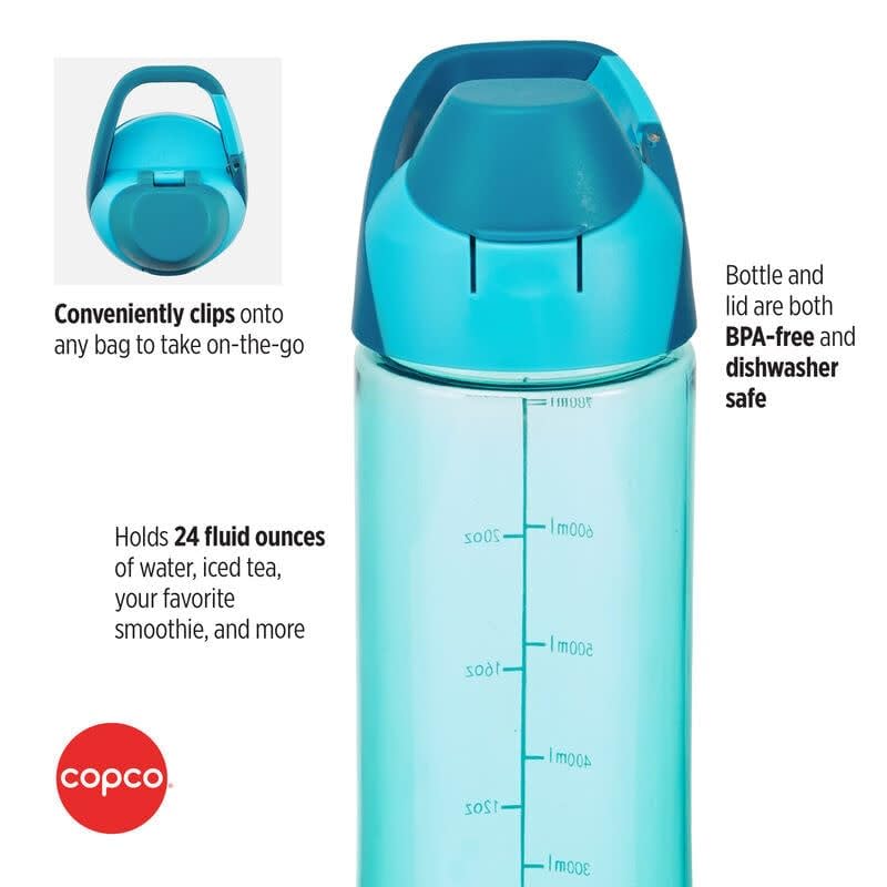 Copco ClipGo Tritan Water Bottle - 24 Oz. Translucent Teal Reusable Hydration Bottle with Measurement Markings, Carry Loop & Clip Handle - BPA Free…