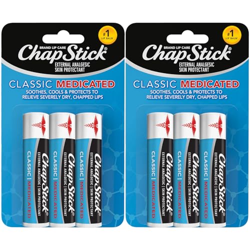 ChapStick Classic Medicated 3-Pack (2 Sets/6 Tubes) - Moisturizing Lip Balm, Dry Lips & Cold Sore Pain Relief Bundle, 0.15 Oz Ea