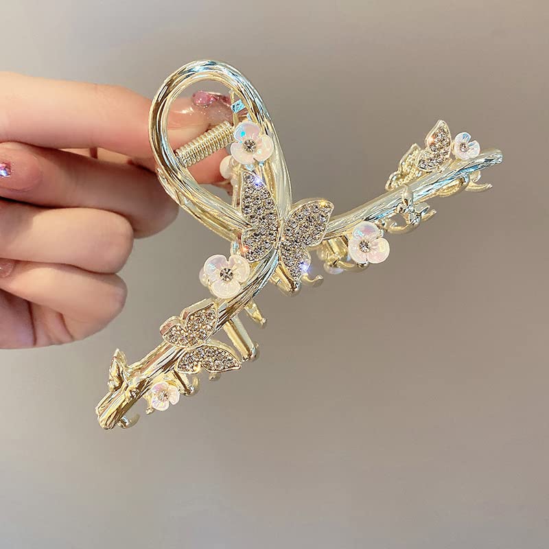 Rhinestones Butterfly Hair Clips Gold Metal Hair Claw Clips Large Hair Accessories Hair Barrettes Clips for Women Strong Hold Flower Hair Clamps