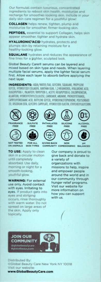 Global Beauty Care Smooth & Lift Collagen Facial Serum - Peptides, Hyaluronic Acid, 1 fl. oz (30mL)