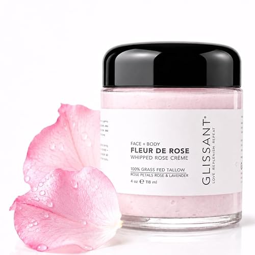 GLISSANT Rose Tallow Crème with Lavender | Grass-Fed Whipped Beef Tallow for Face + Body | Moisturizer for Dry Sensitive Skin | Extra Filtered No Beef