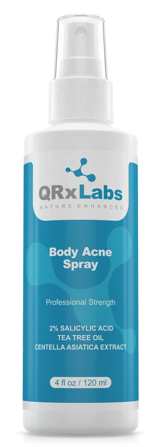 QRxLabs NEW! Body Acne Spray with 2% Salicylic Acid, Tea Tree Oil and Centella Asiatica Extract - Controls breakouts on back, arms, chest-  4 fl oz