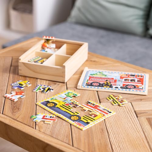 Melissa & Doug 4‑in‑1 Wooden Vehicle Jigsaw Puzzle Set, 48 Pieces with Storage Box, Toddler Puzzle Toy for Kids Ages 3+- FSC Certified