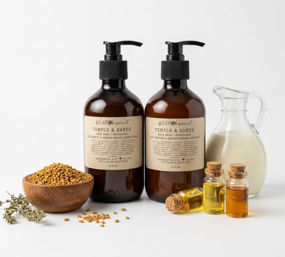 Wild Hermit Wellness Temple & Earth Fenugreek Shampoo and Conditioner Set, Hair Strengthening, Scalp Soothing, 10 oz Each, 2 Count