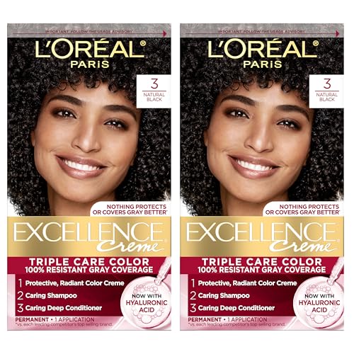 L'Oreal Paris Excellence Crème Permanent Hair Dye, Triple Care Hair Color with Hyaluronic Acid for 100% Gray Coverage, 3 Natural Black, 1 Kit (Pack