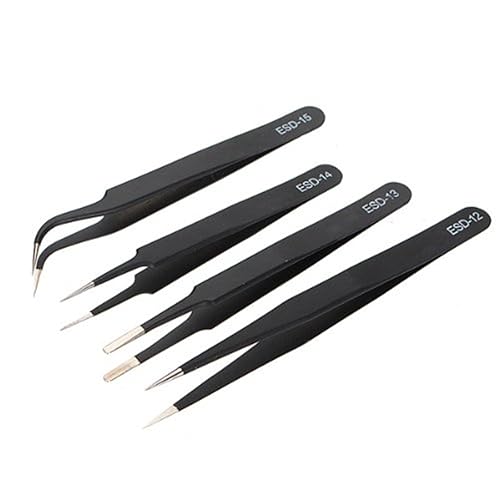 AKOAK 4 Pcs ESD Tweezers Set Anti-Static Tweezers Stainless Steel Tweezers for Eyelash Extension,Electronics, Jewelry-making - Straight and Curved Tip