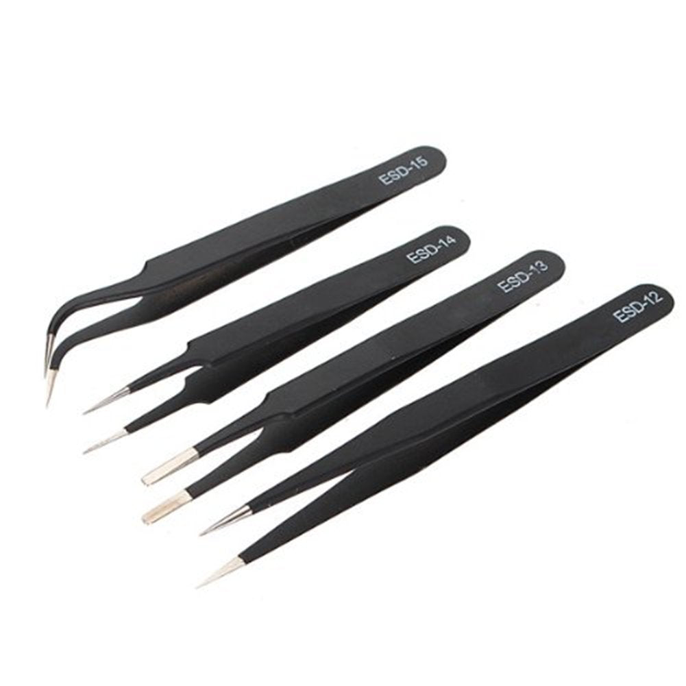 AKOAK 4 Pcs ESD Tweezers Set Anti-Static Tweezers Stainless Steel Tweezers for Eyelash Extension,Electronics, Jewelry-making - Straight and Curved Tip