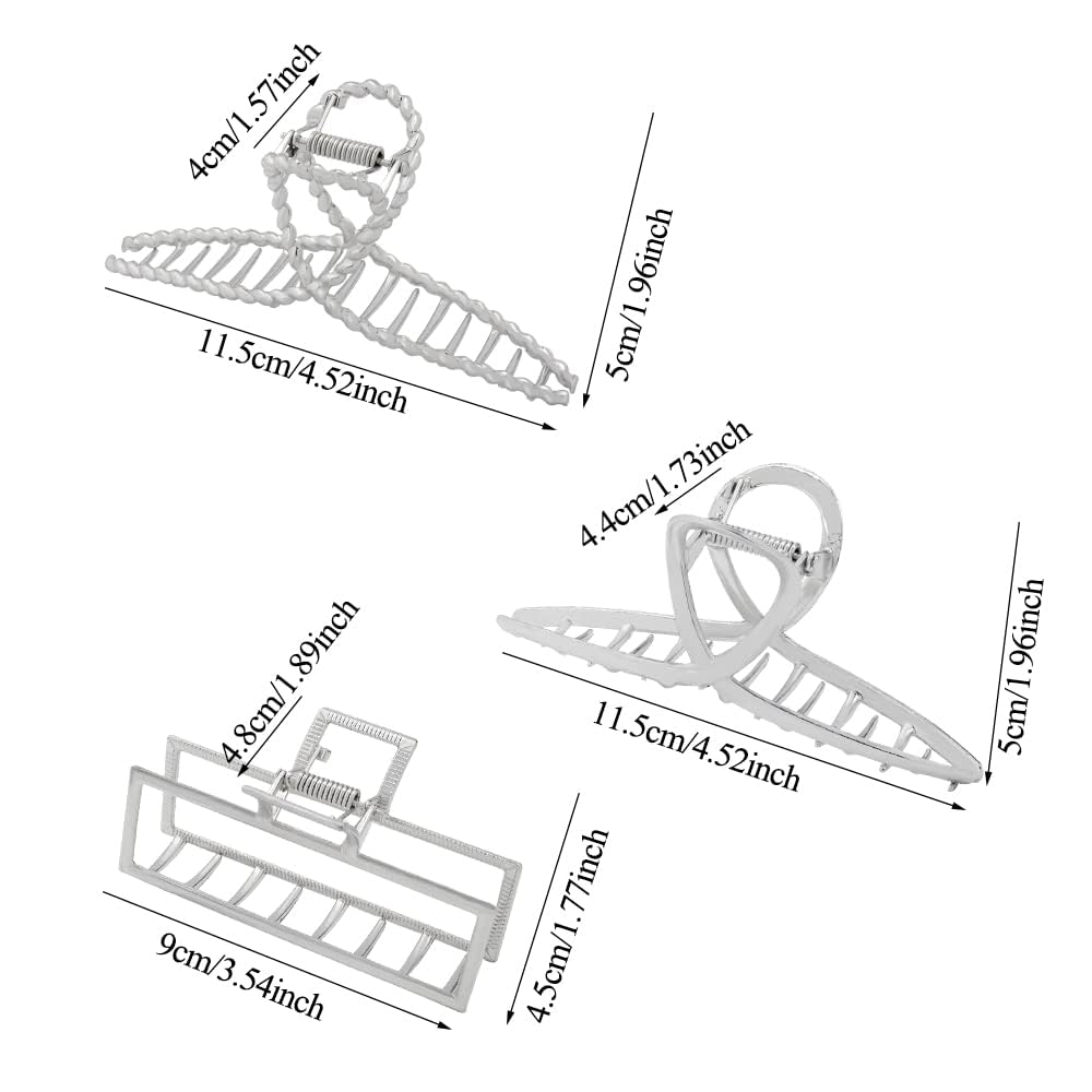 3pcs Hair Claw clips for Women, Metal Silver Large Hair clips for Thick Thin Hair, Geometric Cross Square Jumbo Catch Barrette Clamps, Fashion Hair