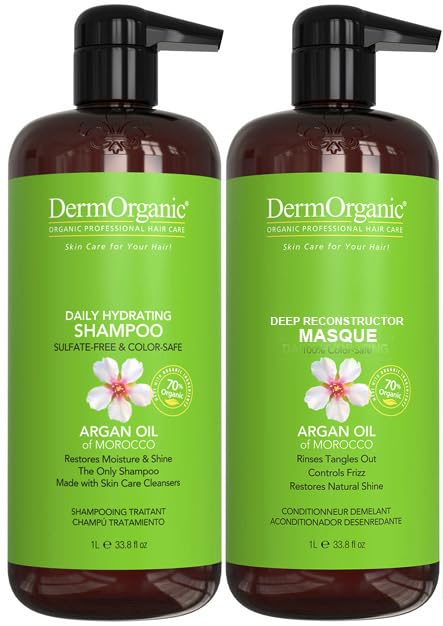 DermOrganic Damaged Hair Duo with Organic Argan Oil, Daily Hydrating Shampoo + Deep Conditioner Masque Sulfate-Free, Color-Safe, Vegan, Gluten-Free (2