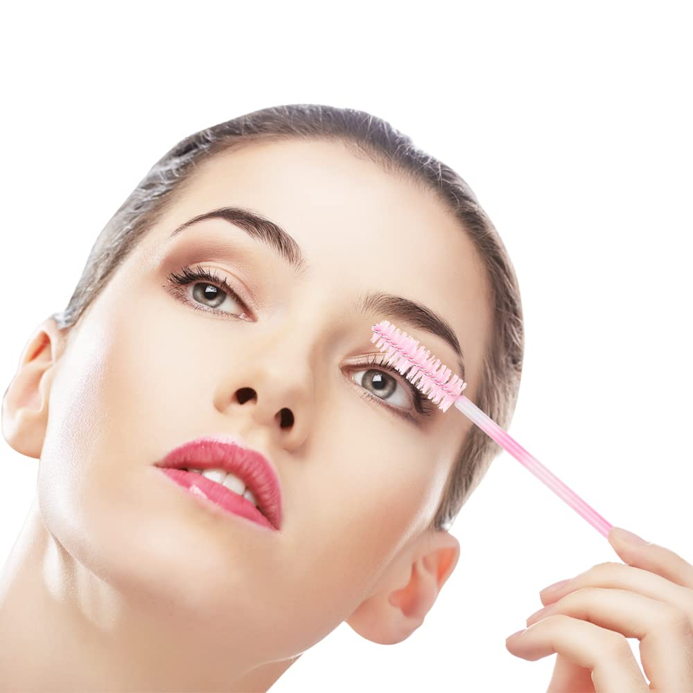 300 Pack Mascara Wands Disposable Eyelash Brush Spoolie Brush for Eyelash Extensions Lash Applicators Tool Kit, Pink