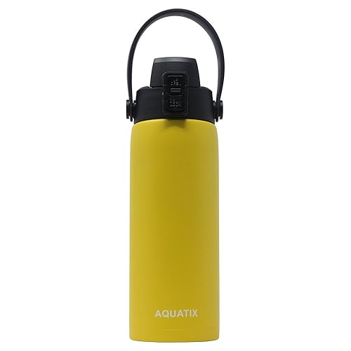 New Aquatix (Lemon Yellow, 21 Ounce) Pure Stainless Steel Double Wall Vacuum Insulated Sports Water Bottle Convenient Flip Top Cap with Removable