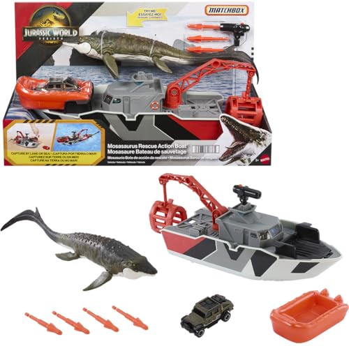 Mattel Matchbox Toy Car Playset, Jurassic World 12.5” Dino Boat with 13” Mosasaurus Dinosaur, 1:64 Die-Cast Jeep, Harpoon Missiles & Detachable…