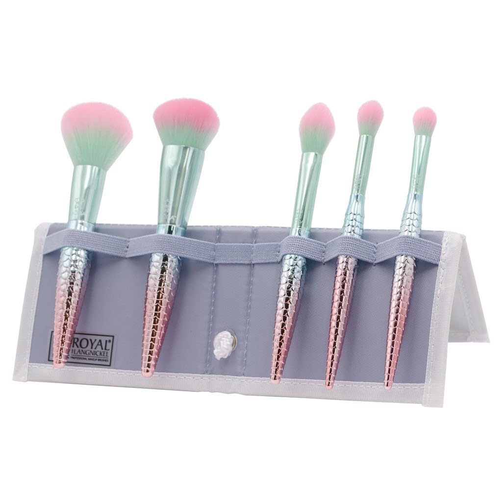 MODA Mythical Splash 6pc Travel-Size Makeup Brush Kit - Vegan Brushes with Holographic Case for Face & Eyes